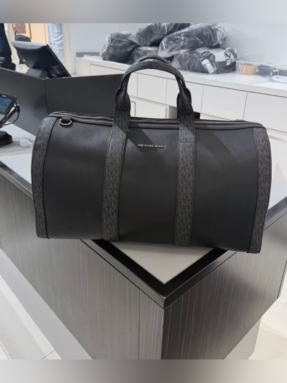 Michael Kors Cooper Pebbled Leather and Logo Duffel Travel Bag Black